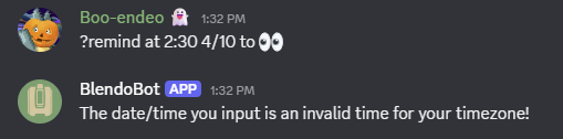 BlendoBot rejecting a reminder command because the time doesn't exist.
